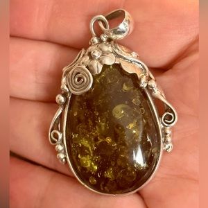 Green amber southwestern large sterling silver pendant